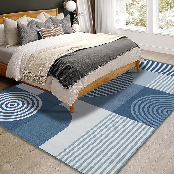 Blue Geometric Area Rug 4x6 for Living Room Rug Machine Washable Minimalist Line Mid Century Modern Rugs Non Slip Low Pile Indoor Floor Carpet for Bedroom Dining Room Laundry Office,Blue