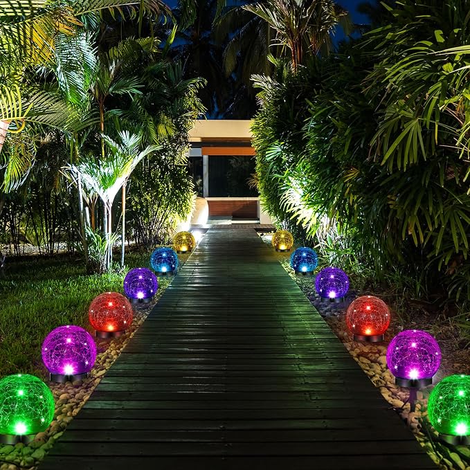 Glooglitter 6 Pcs Extra Large Solar Globes Lights Outdoor Cracked Glass Ball Solar Light Multi Color Pre Lit Crystal Waterproof Lawn Globes for Yard Landscape Garden Decor (4.72")