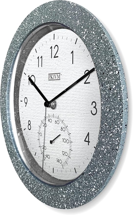Kmok 9.8" Faux Concrete Wall Clock with Thermometer | Battery Operated, Indoor Use, Silent Sweep, Concrete Grey