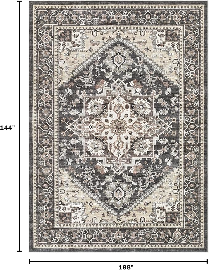 Washable Area Rug-9X12 Vintage Neutral Soft Black | Non Slip Thin Foldable Large Floor Carpet for Living Room Bedroom Kitchen Dining Room Home Office Farmhouse Indoor
