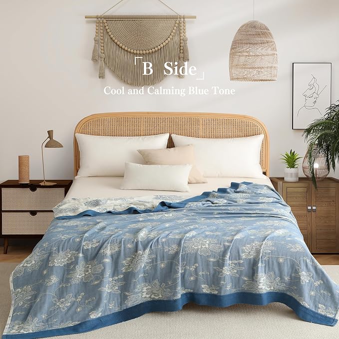 Phuryllic Boho Throw Blanket Twin Size, Soft Cozy Cotton Muslin Quilt Blanket for Bed Decor, Floral Patterned Couch Sofa Chair Cover, Vintage Farmhouse Cottage Tapestry Woven Blanket, Blue and White