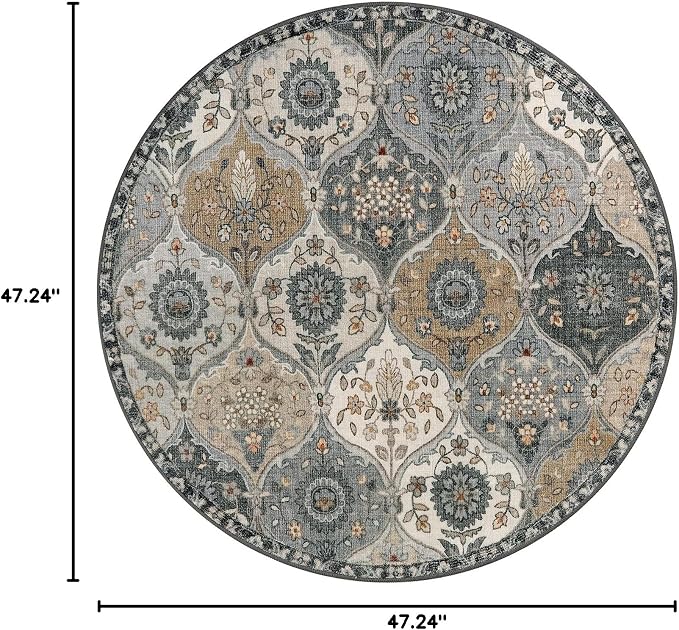 Lahome Moroccan Washable Round Rugs, Soft Vintage Round Rug 4ft | Distress Circle Carpet for Entryway Bathroom Bedroom Non Slip Low Pile Stain Resistant Accent Rug Elise, Grey