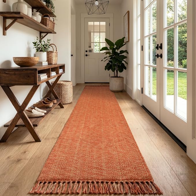 Fall Hallway Runner Rug 2.6' x 10', Farmhouse Entry Hall Carpet | Washable Reversible Kitchen Rug, Modern Terracotta Hand Woven Bathroom Runner Carpet for Bedroom Laundry Porch Fall Decor