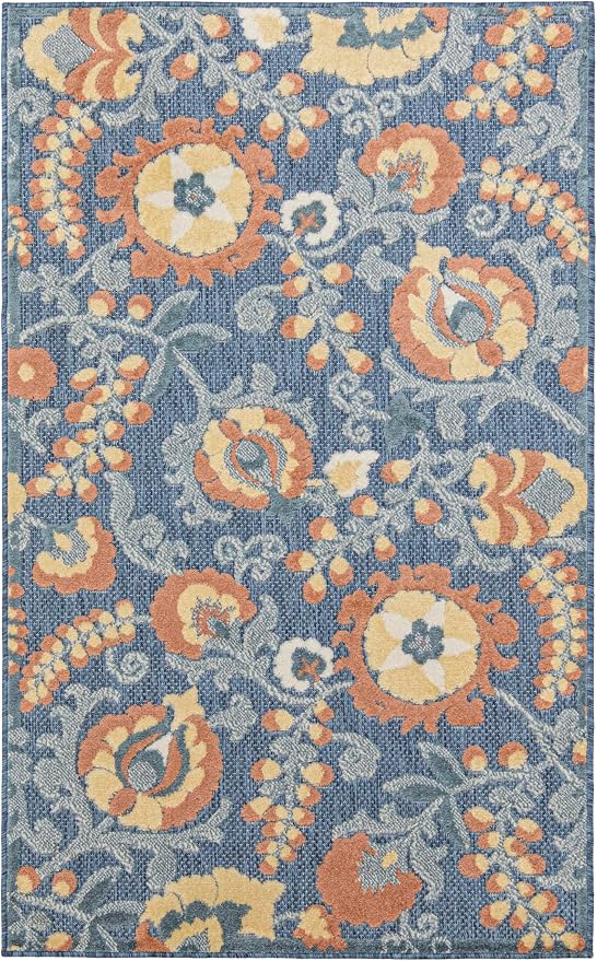 Nourison Home Aloha Blue Rose 2'8" x 4' Area Rug - Easy Clean, Non Shedding, Bed Room, Living Room, Dining Room, Kitchen (3' x 4')