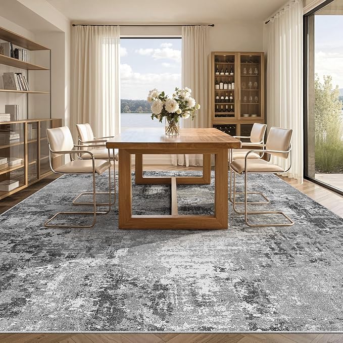 Tortania Washable 9x12 Area Rug for Living Room: Modern Abstract Neutral Large Soft Thin Rugs - Non Slip Indoor Carpet for Bedroom Dining Room Office Nursery Home Floor Decoration - Grey