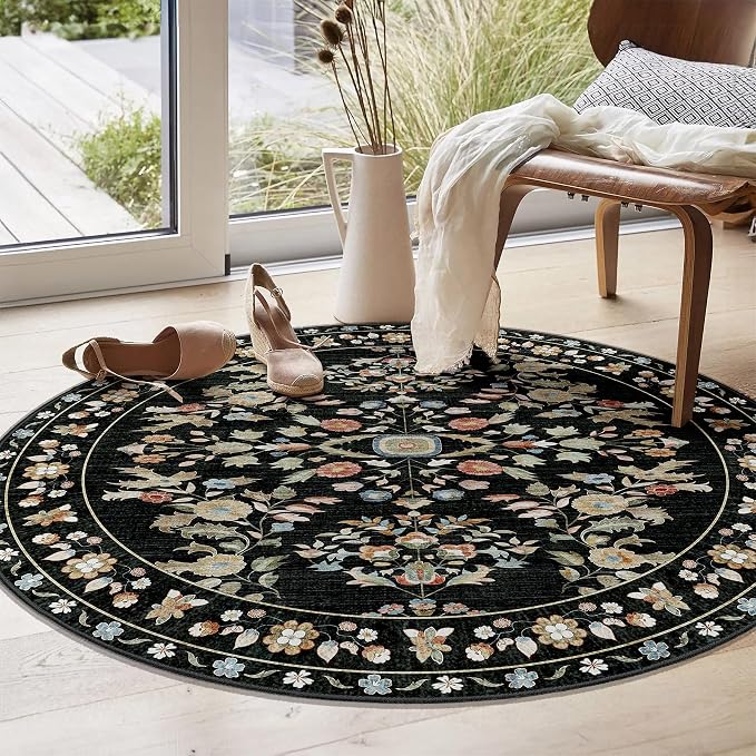 Round Rug 4ft Small Cicle Area Rug Washable Ultra-Thin Floral | Machine Washable Boho Circular Throw Carpet for Entryway Bedroom Kitchen Floor Indoor Low Pile Non Slip Boho Vintage Black