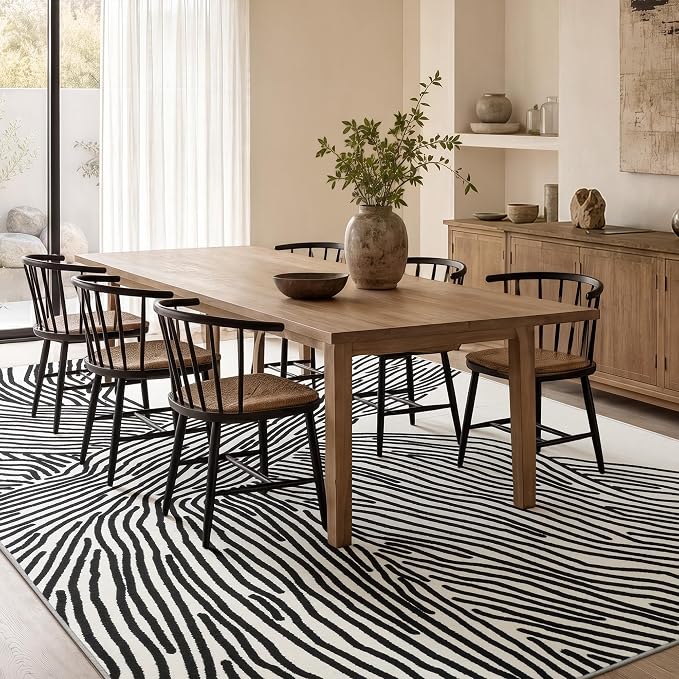 6x9 Ft Washable Area Rug, Black and Cream White Zebra Rug for Living Room | Modern Abstract Zebra 6x9 Rug with Soft Low Pile and Non-slip Backing; Machine Washable for Living Room, Bedroom, Dining Area