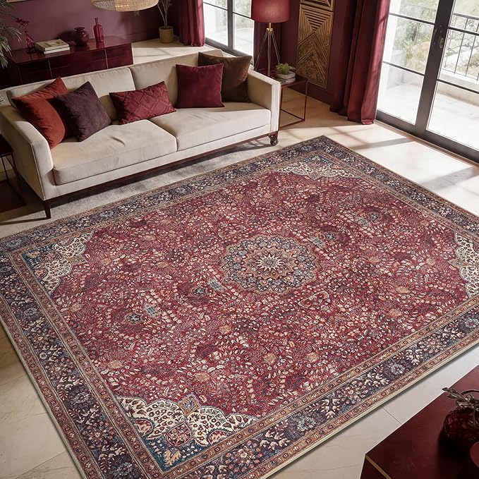 Keen Home Design Vintage Washable Area Rug, Non-Slip Low Pile, 8x10 | Machine Washable Cotton Chenille, 0.25In Low Pile, Rubber Non-Slip Back; Living Room, Bedroom, Dining Room, Office