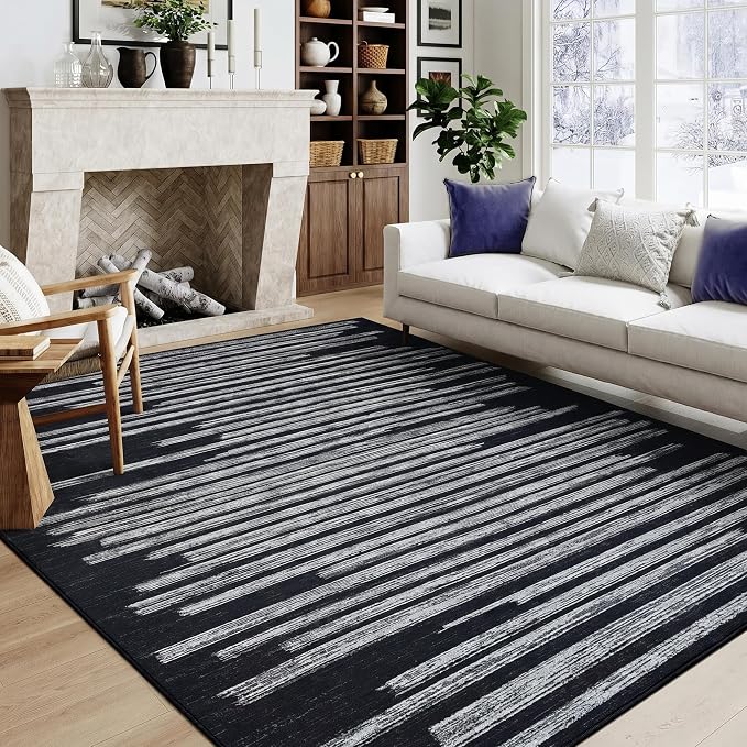GarveeHome 5x7 Non Slip Striped Area Rug for Living Room Bedroom Office | Modern Minimalist Washable Low Pile Indoor Carpet Stain Resistant Kitchen Rugs for Guest Room Classroom Dorm, Black