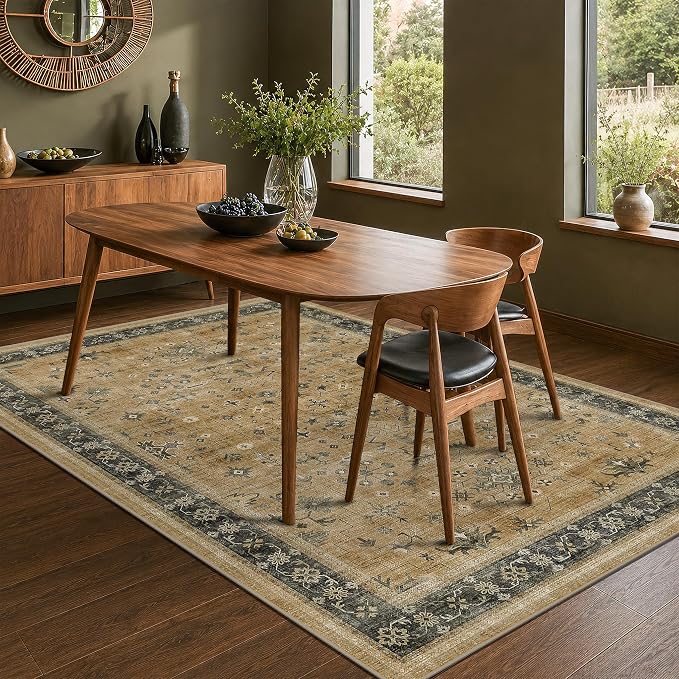 Traditional Washable 6x8 Area Rug for Living Room, Vintage Boho Dining Room Rugs for Under Table, Lightweight Foldable Low Pile Soft Carpet, Rustic Brown and Charcoal Olive Floral Design