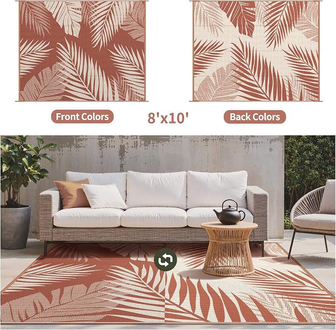 GENIMO Outdoor Rug 8' x 10' Waterproof for Patios Clearance, Reversible Plastic Straw Camping Carpet, Large Area Rugs Mats for RV, Picnic, Backyard, Deck, Balcony, Porch, Beach, Brick&Red