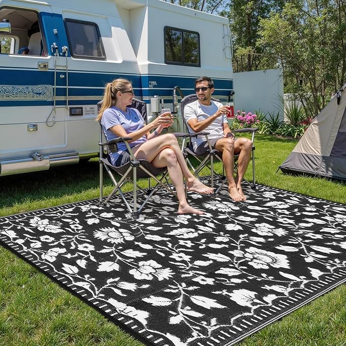 Garvee 5x8 Outdoor Rug Waterproof Vintage Floral Plastic Straw Rugs, Camping Rugs for Outside Your RV, Foldable Lightweight Reversible Carpet with Portable Bag for Patio Backyard Beach Camper, Black