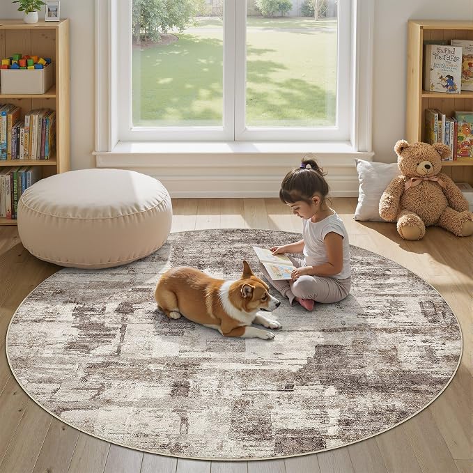 kakania Abstract 8x8 Round Rugs for Living Room: Circle Rugs 8FT Brown | Washable, Soft, Non-Slip, Low-Pile, Pet & Kid Friendly - Large Modern Home Decor Carpet for Bedroom/Dining Room/Nursery