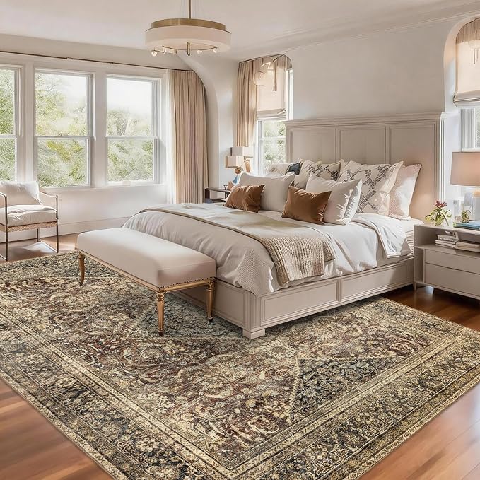Washable 10x14 Area Rug: Vintage Brown Rugs for Living Room Bedroom Dining Room Office Indoor - Soft Non-Slip Large Carpet Home Decor - Oriental Dark Brown
