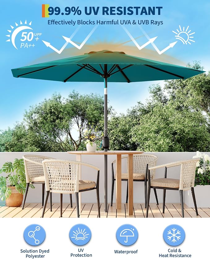 GarveeLife 9 ft Patio Umbrella, Outdoor Table Market Umbrella with Push Button Tilt and Crank, 8 Sturdy Ribs UV Protection Waterproof for Garden, Deck, Backyard, Pool (Turquoise Blue)