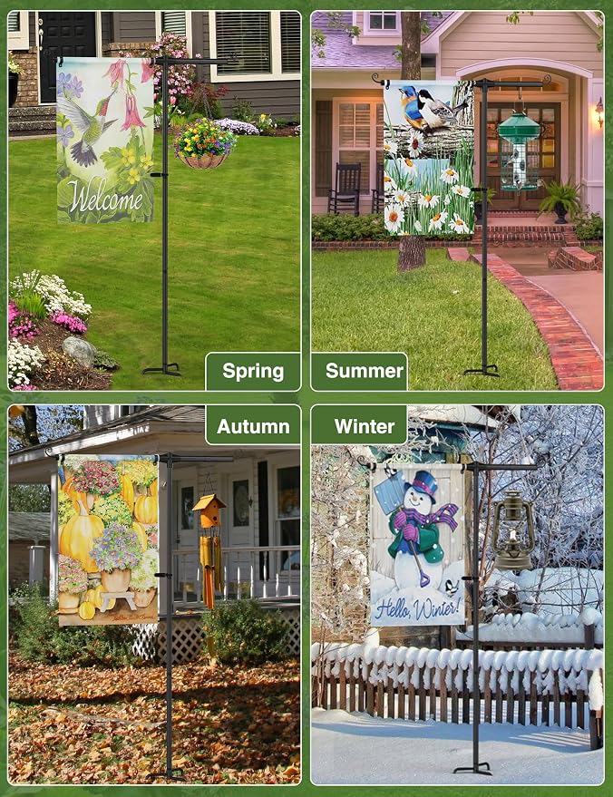 Garden Flag Holder Stand with Shepherds Hooks, 51 Inch Extra Thick Weather-Proof Powder-Coated Yard Flag Holder with 4 Prong Base, Heavy Duty 3/4 inch Aluminum Stand, Suitable for 12x18 Flag