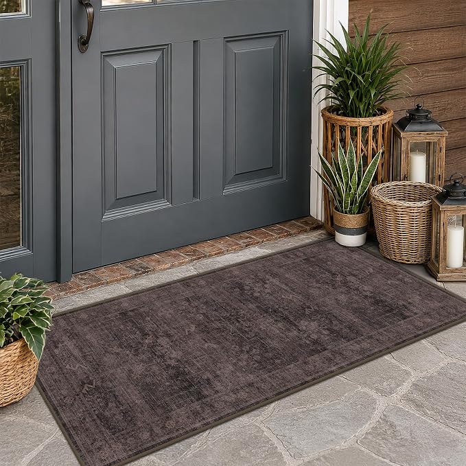 Washable 2x4 Entry Rug for Entryway, Bathroom & Kitchen, Dark Taupe Brown Low Pile Non-Slip Front Door Mat, Vintage Farmhouse Distressed Geometric Accent Rug, Stain Resistant, Easy to Clean