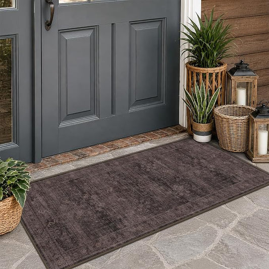 Washable 2x4 Entry Rug for Entryway, Bathroom & Kitchen, Dark Taupe Brown Low Pile Non-Slip Front Door Mat, Vintage Farmhouse Distressed Geometric Accent Rug, Stain Resistant, Easy to Clean