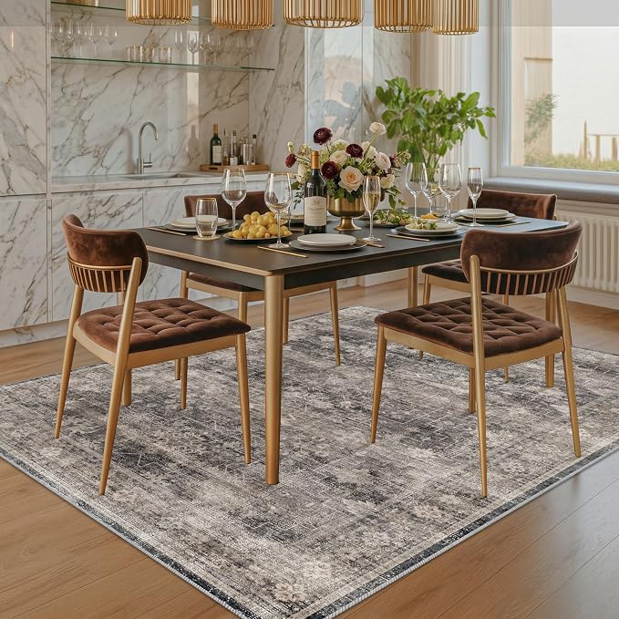 Minimalist 5x7 Charcoal Stone Area Rugs for Living Room, Modern Boho Washable Distressed Geometric Rug for Dining Room Bedroom, Stain Resistant Low Pile Anti-Slip Ultra Soft