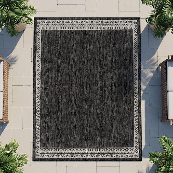 Washable Outdoor Rug 10x14 Modern Area Rugs Outdoor Carpets Bordered Pattern Non Shedding Waterproof Easy Clean Patio Deck Porch Living Room Bedroom Garden RV (10 X 14 Dark Gray)