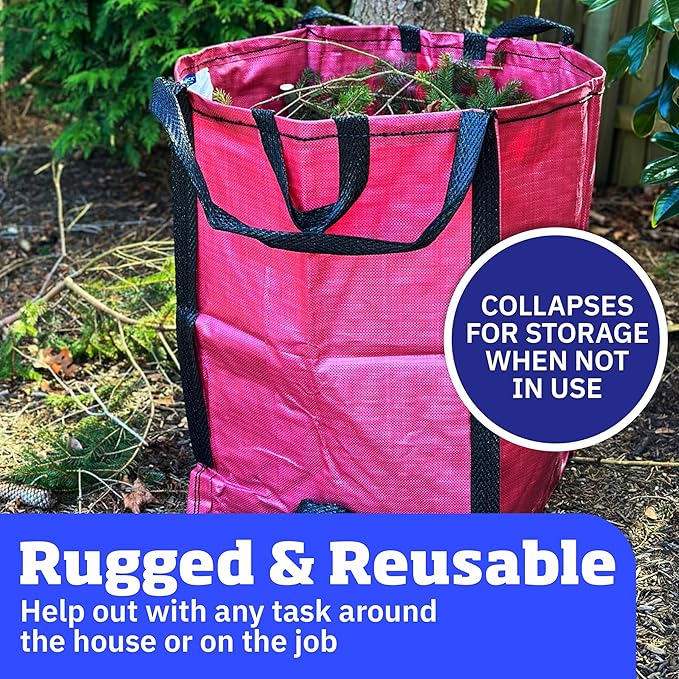 DURASACK Heavy Duty Home and Yard Bags, Red | 48-Gallon Reusable Self-Standing Lawn and Leaf Bags Garbage Can with Reinforced Handles