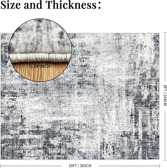 Washable 8x10 Area Rug: Modern Large Rugs for Living Room Dining Room Bedroom Office Indoor - Non-Slip Carpet Home Decor - 8x10 Black Grey