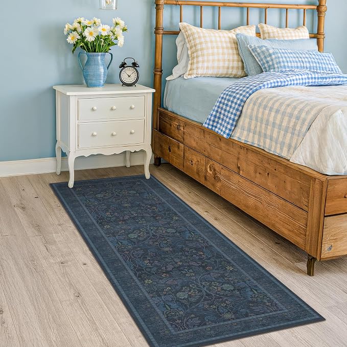 Small Oriental Runner 2x6 Kitchen Runner Rugs Non Slip,Navy Blue Washable Stain Resistant Runner for Entryway, Hallway, Bedside, Bathroom with Floral and Botanical Design