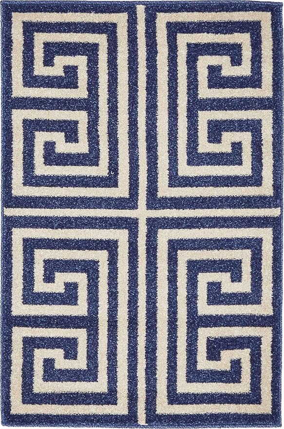 Unique Loom Athens Collection Classic Geometric Modern Border Design Area Rug (2' 0 x 3' 0 Rectangular, Navy Blue/ Beige)