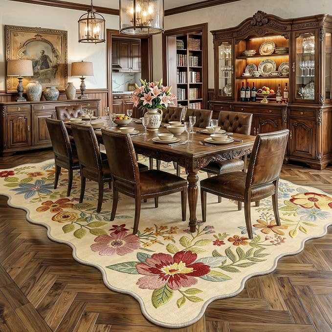 FMFUNCTEX 10x14 Washable Beige Floral Scalloped Area Rug for Living Room | Boho Vintage Flower Colorful Traditional Cream Soft Non Slip Low Pile Large Indoor Thin Carpet Bedroom Dining Room Nursery