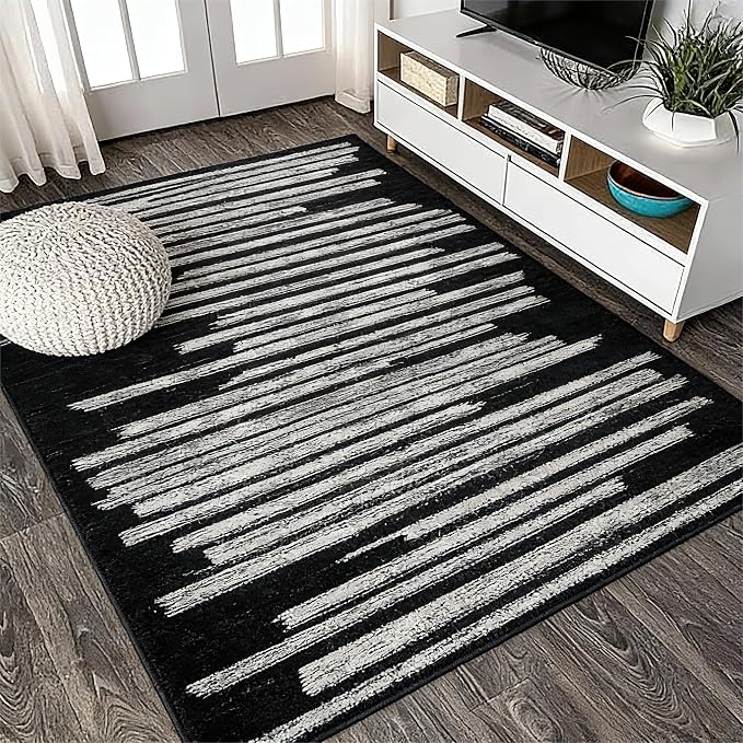 GarveeHome Washable Area Rug 4x6 Modern Non Slip Rug for Living Room Dorm | Stain Resistant Low Pile Carpet Perfect for Bedroom Kitchen Hallway Home Office, Black