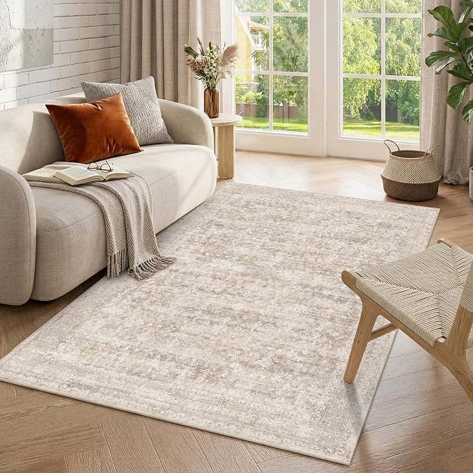 Latte&Fog 4x6 Beige Rugs for Living Room, Vintage Washable Area Rug | Non Slip Low Pile Soft Floral Cute Carpet for Dining Kitchen Kids Playroom Nursery Guest Room Classroom Dorm Farmhouse Office