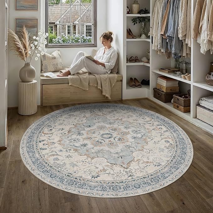 Blue Round Rug 6x6 Living Room Vintage Floral Non-Slip Carpet | Machine Washable, Soft, Low Pile, Distressed, Large for Bedroom, Dining Room, Office, Retro Neutral Decor