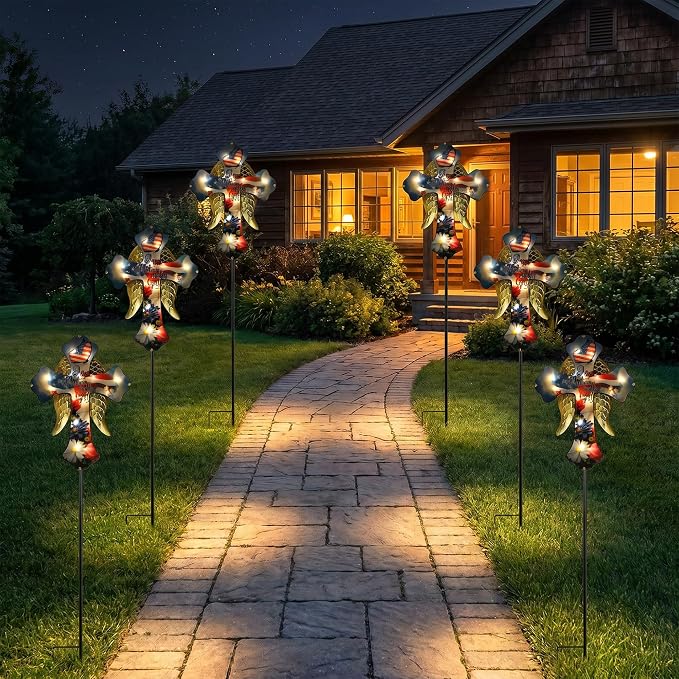 33.5" Independence Day Solar Cross Garden Stake – Angel Wing Memorial Light, IP65 Waterproof Cemetery Decor for Graves, Outdoor Yard Art for Fourth of July, Easter, Patio – Sympathy Gift