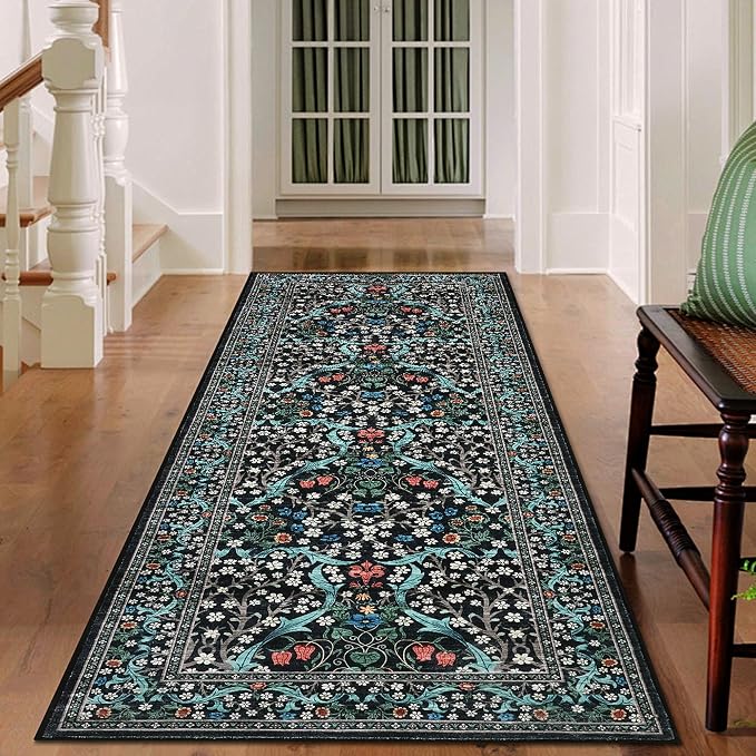 GarveeHome Black Floral 2x6 Washable Kitchen Runner Rug | Vintage Stain Resistant Rugs for Entryway Hallway Bedroom Bathroom Low-Pile Non-Slip Soft Botanical Boho Rug TPE Backing