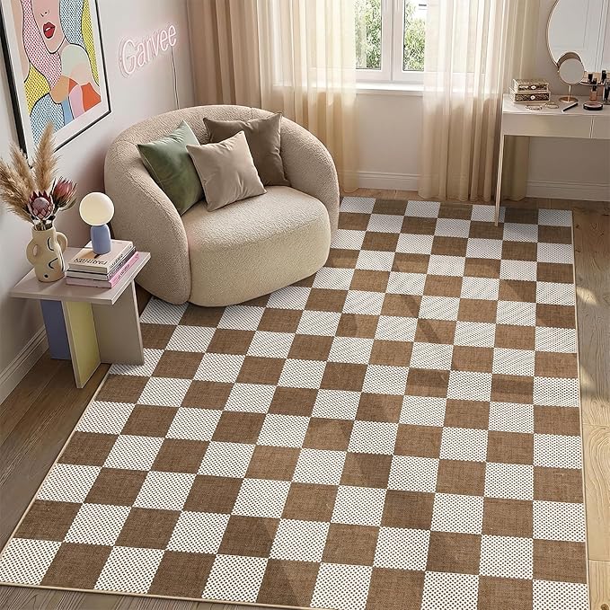 GarveeHome Checkered Terracotta Brown 4x6 Washable Rug Low-Pile for Bedroom | Non-Slip Terracotta Brown Soft Stain Resistant Rug for Bedroom Bathroom Living Room Geometric Modern Rug TPE Backing