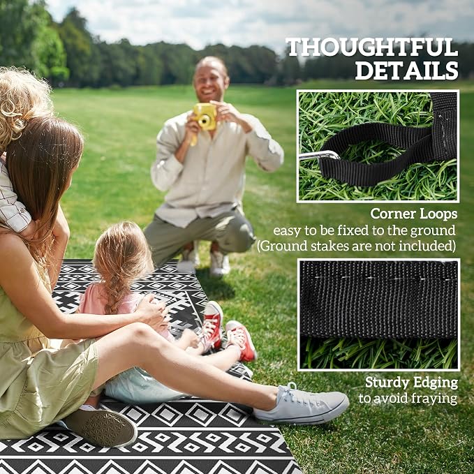 Outsunny Outdoor Rug for Patio, 9' x 18' Waterproof Large Mat, Reversible Plastic Straw Rug for Decor, Portable Outside RV Camping Area Carpet Mat for Backyard Porch Deck Picnic, Black & White Rhombus