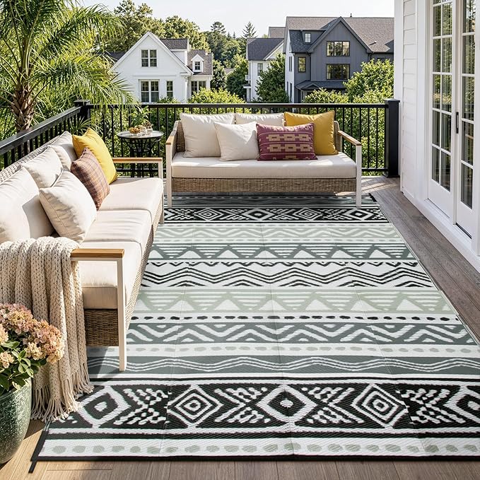 Lahome Outdoor Rug 8x10 Patio Waterproof, Reversible Outdoor Plastic Straw Rug for Camping, RV Patio Rugs Outside Large Carpet for Porch Deck Backyard Picnic(Grey/Black,8'x 10')