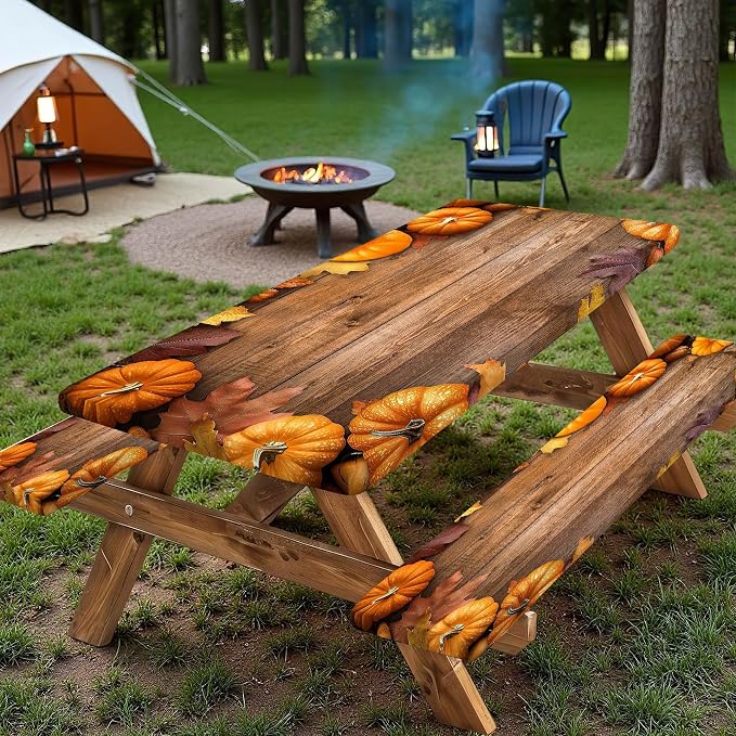 Picnic Table Cover with Bench Covers Elastic Edges, Outdoor Patio Camping Essentials 96 Inch 3PCS, Camper Fitted Table Cover, Waterproof Rectangle Tablecloth with Drawstring Bag,Pumpkin
