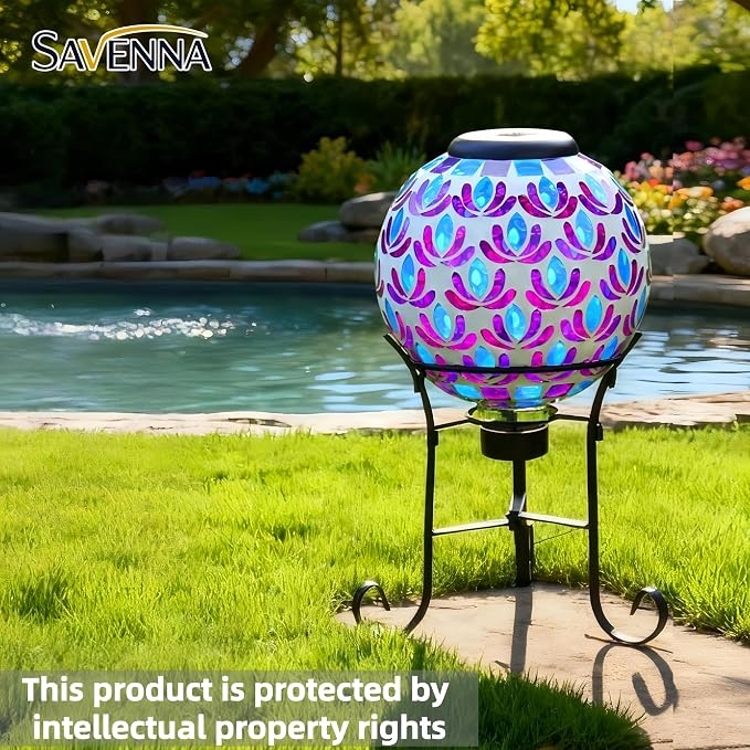 SAVENNA Mosaic Solar Gazing Ball 8 Inch,Glass Garden Globe with Auto On/Off for Yard, Lawn & Outdoor Decor,Purple Blue