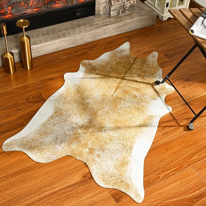 Faux Cowhide Rug Small Washable Cow Print Area Rugs, 2x3Ft Non-Slip Animal Skin Western Rustic Decor Carpet for Bedroom Living Room Office Entryway Kitchen Fireplace, Khaki Gold