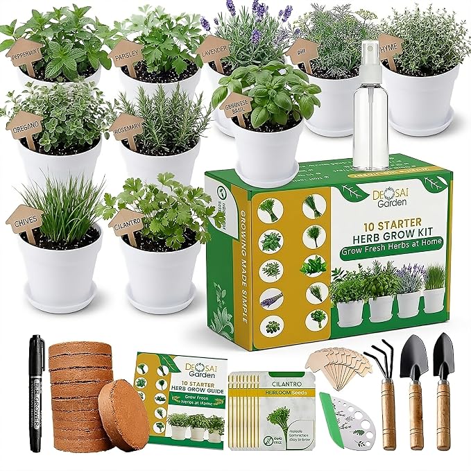 47 PCS Herb Garden Seeds Starter Kit, 10 Non-GMO Culinary Herb Seeds with White Pots & Planters for Windowsill, Herb Growing Kit Indoor & Outdoor, Unique Herb Garden Gift Set for Gardening Lovers