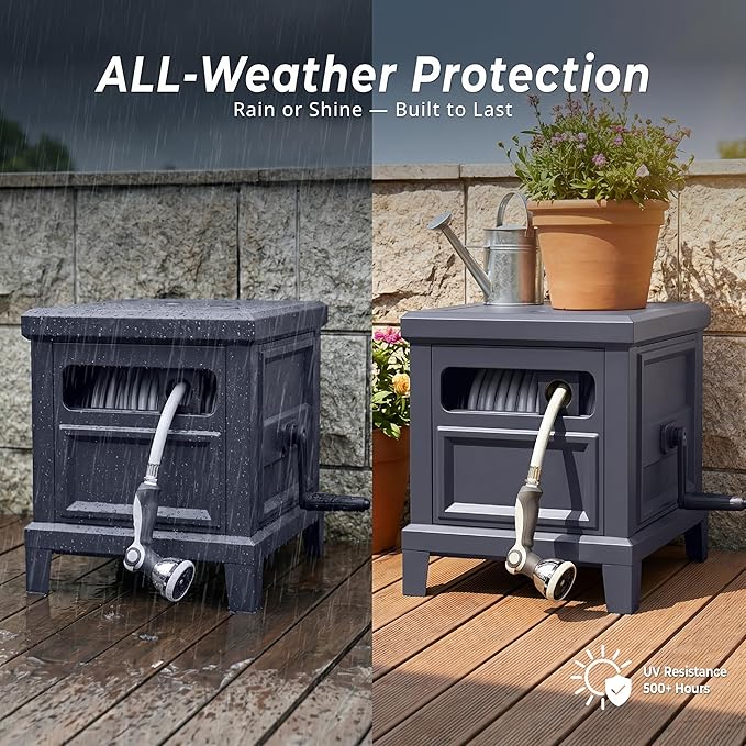Garden Hose Reel Hideaway, Heavy Duty Metal Hose Reel Box Holds 125FT x 5/8" Hose, Steel Hose Storage Box with Manual Crank, Hose Guide and Leak-Proof Aluminum Connections, Stable 4-Leg Base