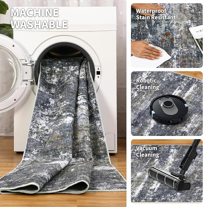 ROYHOME Abstract Rugs 2x8 Grey Brown | Non Slip Non Shedding Low Pile Stain Resistant Rug for Entryway Kitchen Bedroom
