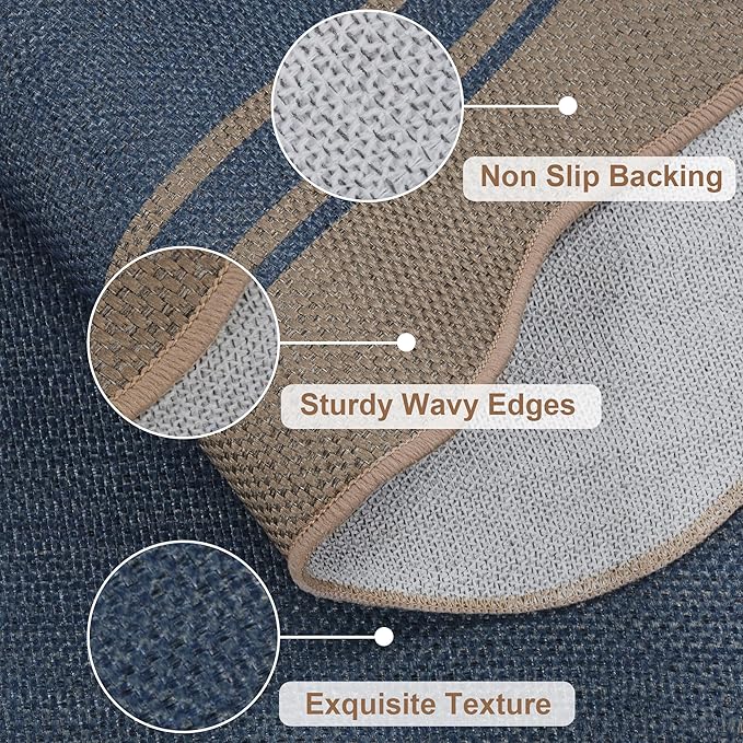 5x7 Scalloped Rug Easy Jute Washable Outdoor Patio Rug for Living Room Indoor Outdoor Blue Geometric Neutral Carpet for Backyard Patio Dining Room