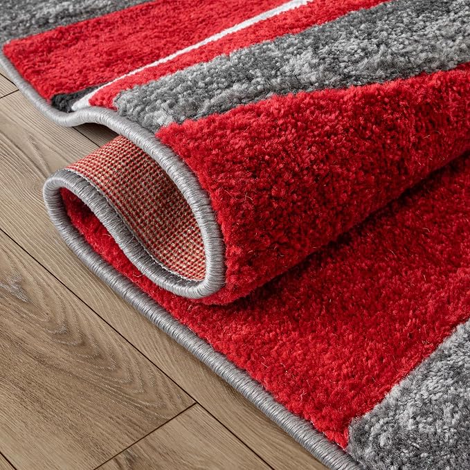 Well Woven Ruby Echo Shapes & Circles Geometric Red and Grey 3 by 5 Rug - Hand Carved Circle Pattern, Modern Contemporary Accent Carpet, Soft Durable Decorative Floor Mat, Stain Resistant Easy Care