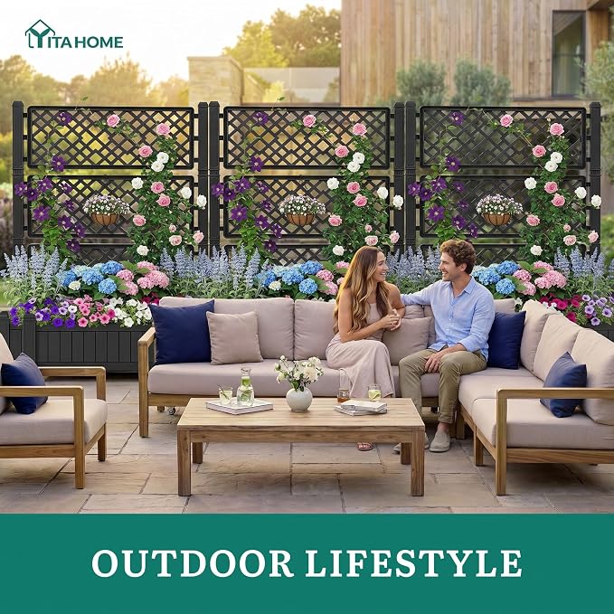 YITAHOME 3.6x1.5x5 FT Planter Box Trellis with Wheels, Large Outdoor Plastic Raised Garden Bed with Drain Plug for Climbing Plants, Black
