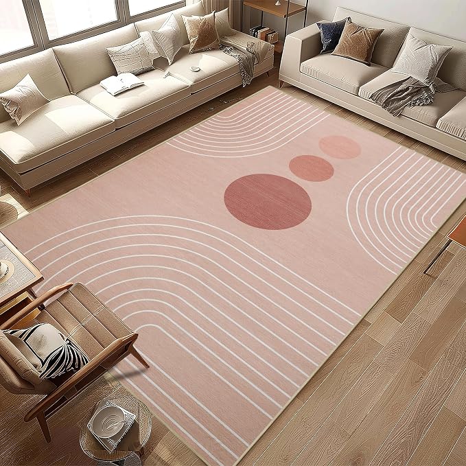 8x10 Area Rug for Living Room Boho Modern Minimalist Geometric Abstract Large Rug Pink Mid Century Modern Machine Washable Non-Slip Printed Low-Pile Indoor Floor Carpet Dining Room Bedroom Pink