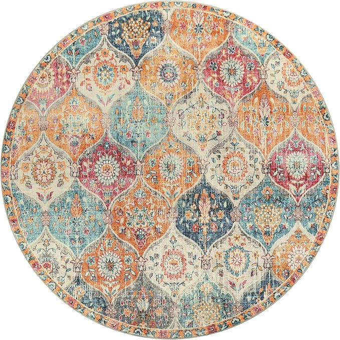 Lahome Moroccan Washable Round Area Rug, Round Rug 5ft Soft Non-Slip, Non-Shedding Distressed Circle Carpet for Bedroom Living Room Bathroom Nursery Kitchen Elise, Burnt Orange