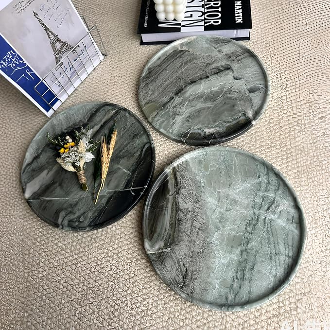 Real Natural Marble Round Tray 10.2in Solid Stone Decorative Plate | 26cm Luxury Green Marble Decor Tray for Candle, Jewelry, Plant. Food-Safe Solid Stone Serving Dish with Unique Veining