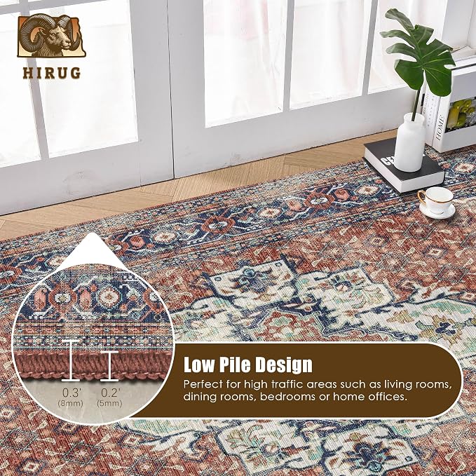 Washable Area Rug 3' x 5 ' Vintage Traditional Persian Mat - Foldable Distressed Non-Slip Machine Washable Carpet for Living Room Bedroom Kitchen Home Decor - Terracotta and Navy